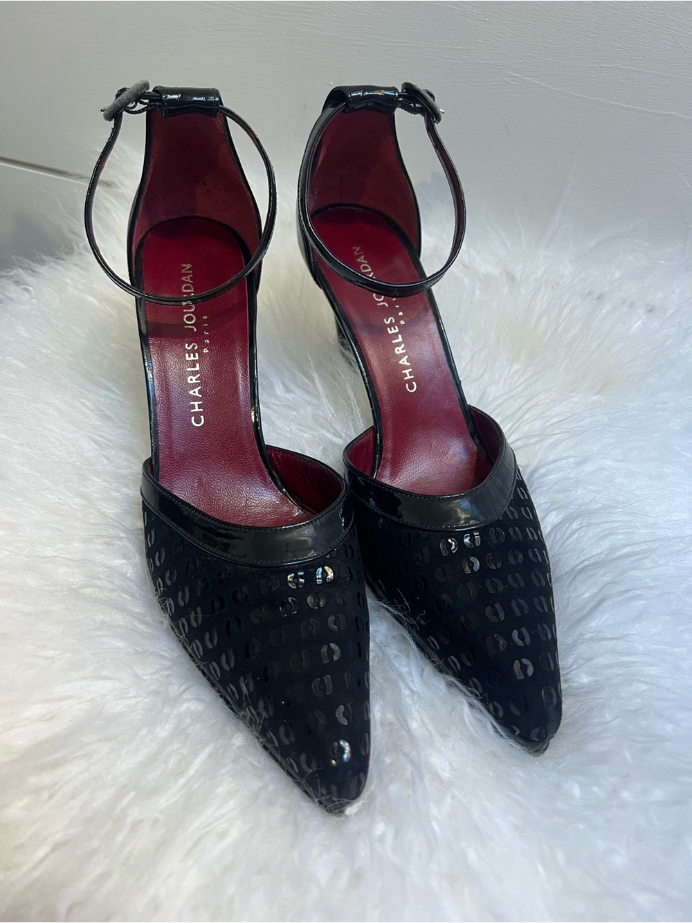 Vintage Charles Jourdan Paris Black Textured Ankle Strap Pumps Pointed Toe